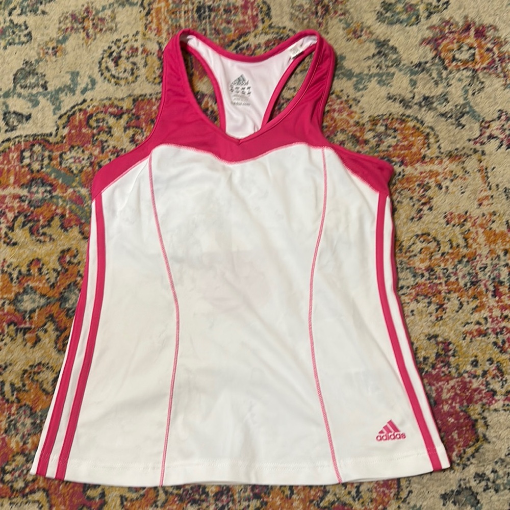 Pink and White Adidas Tank with Built in Bra